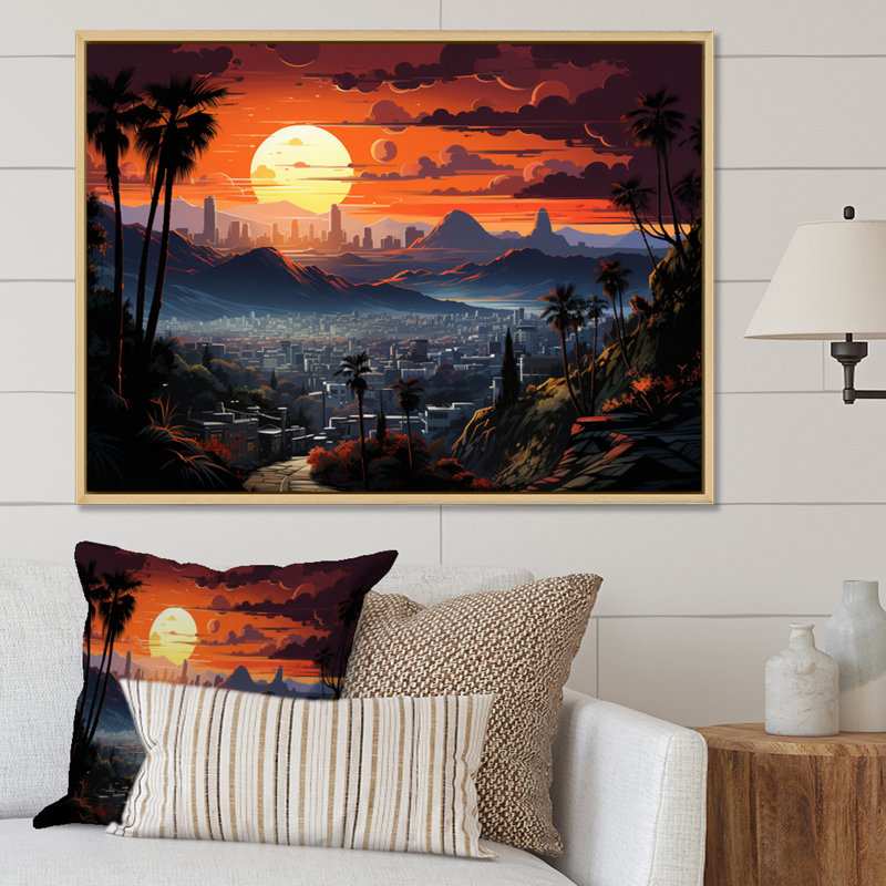 «Malacay Orange Grey City», impression de Los Angeles, 16" H x 32" W, Cadre naturel flottant