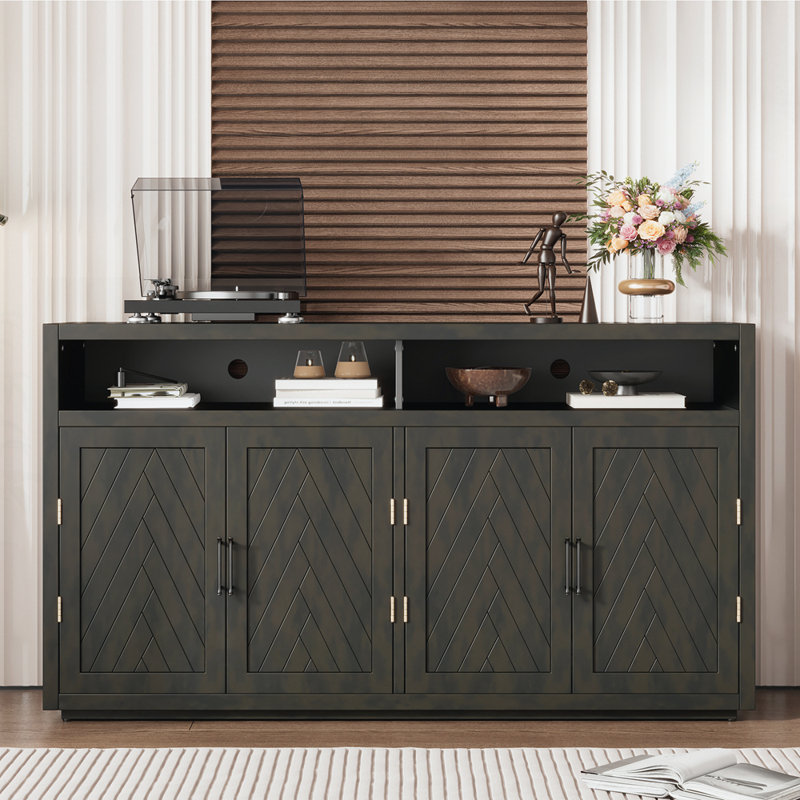 Buffet Veton 60 po à 4 portes avec rangement ouvert et tablettes réglables, console avec armoire, Gris / brun