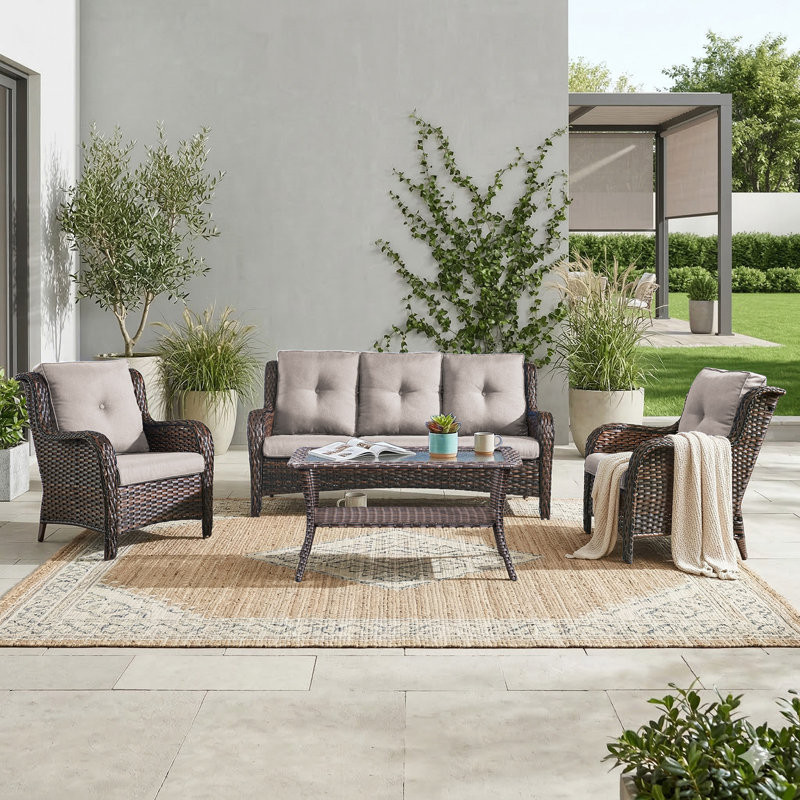 Carolina 5-Person Square Outdoor Conversation Set With 3-Seat Sofa And Armchair, Beige