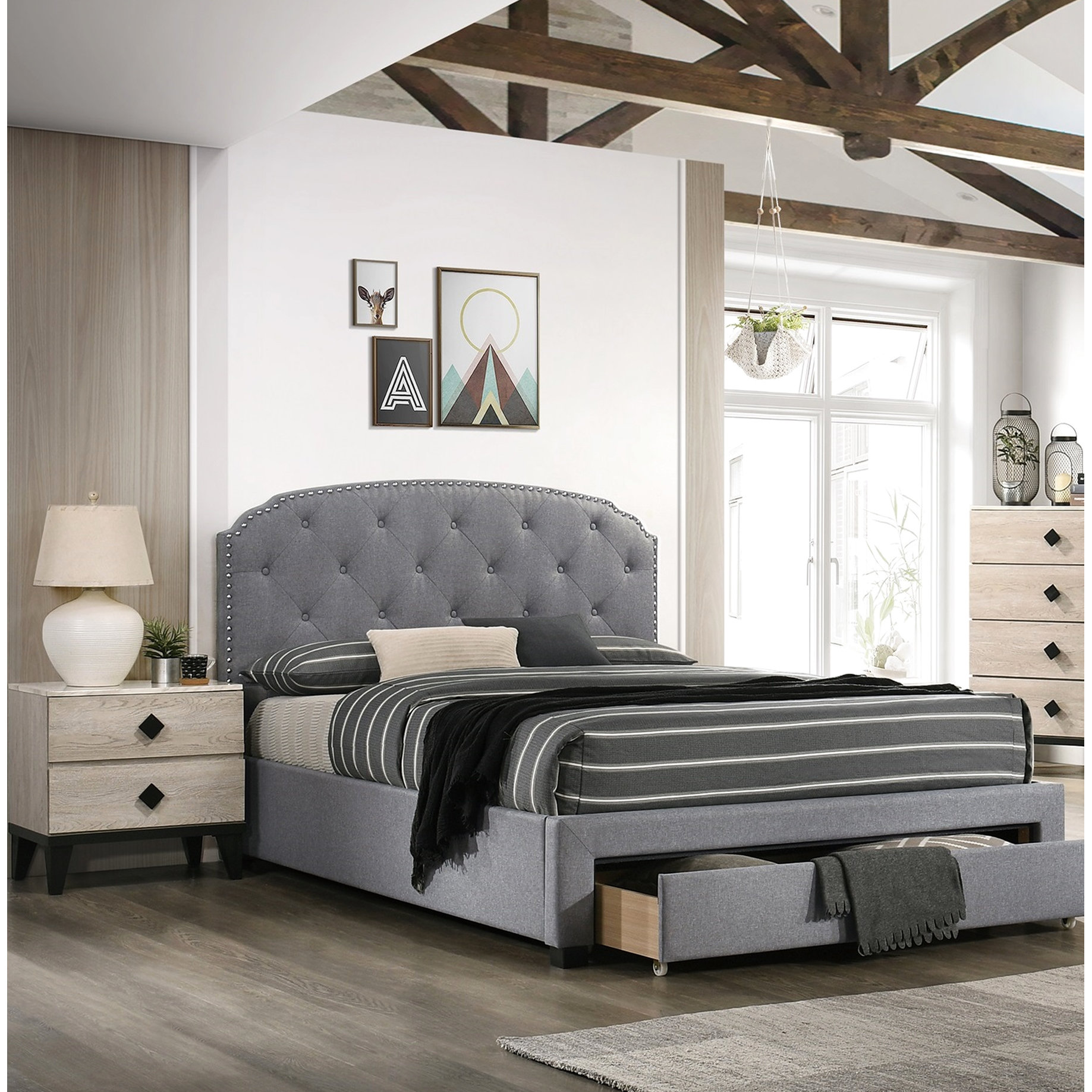 Lark Manor™ Contemporary Queen Bed With Storage And Burlap Headboard In ...