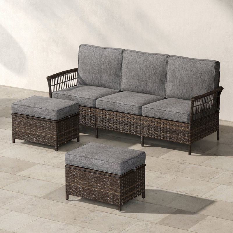 Patio Three-seat Sofa And Ottomans With Cushions