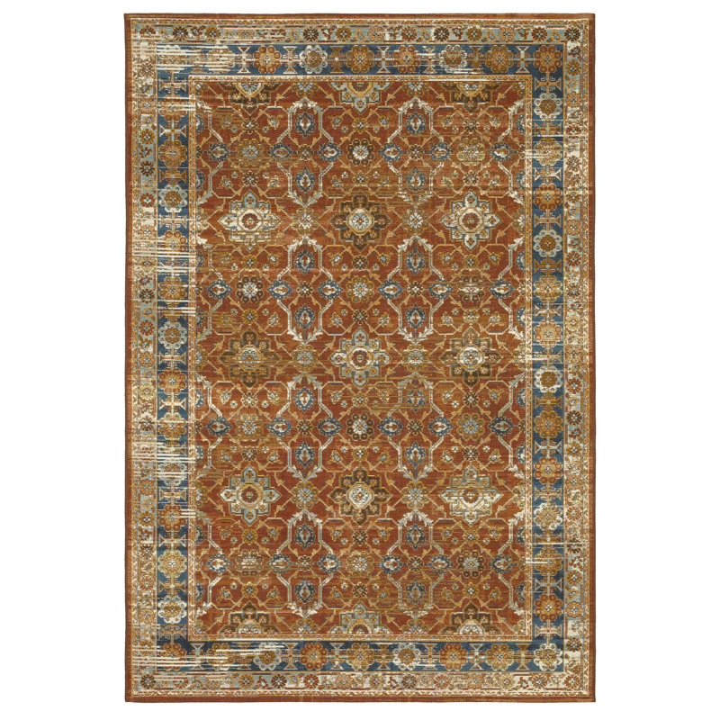 Arjay Distressed Oriental Rust/ Blue Indoor-Outdoor Rug, Rectangle 6'7" x 9'4"