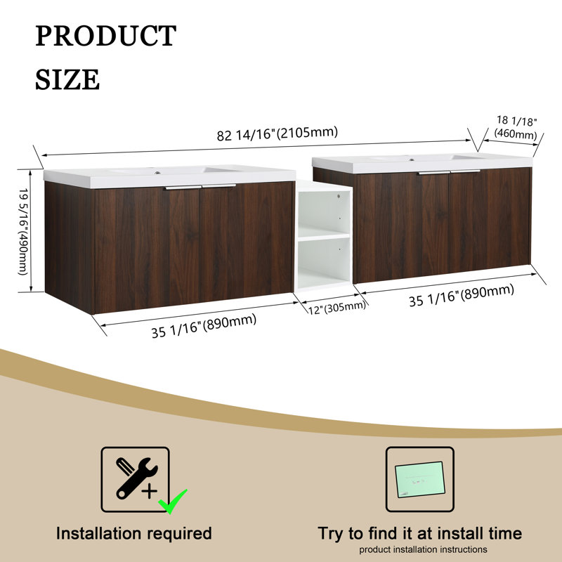 Meuble-lavabo double 82,93 po avec plateau en résine Maxen, Brun