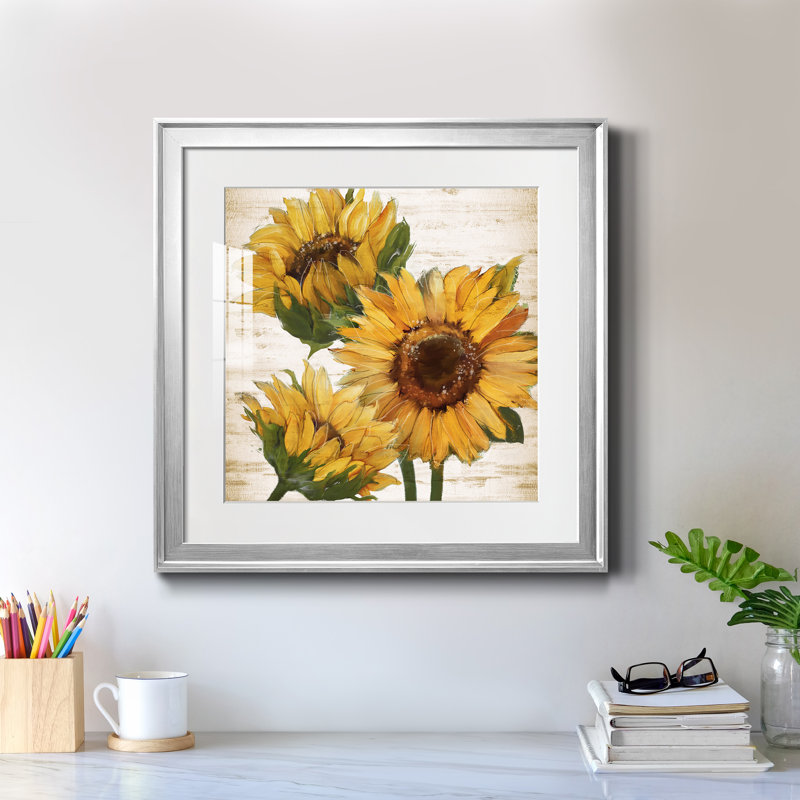 Tournesol d'été I - peinture encadrée, Cadre argenté, H 17,5 po x l 17,5 po x P 1,5 po
