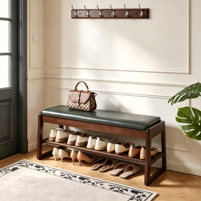 Banc de rangement pour chaussures en bois 39,37 po avec siège en cuir végétalien, rangement dissimulé par le dessus et tablettes ouvertes à plusieurs niveaux, étagère à chaussures robuste pour la chambre de l'entrée, vert