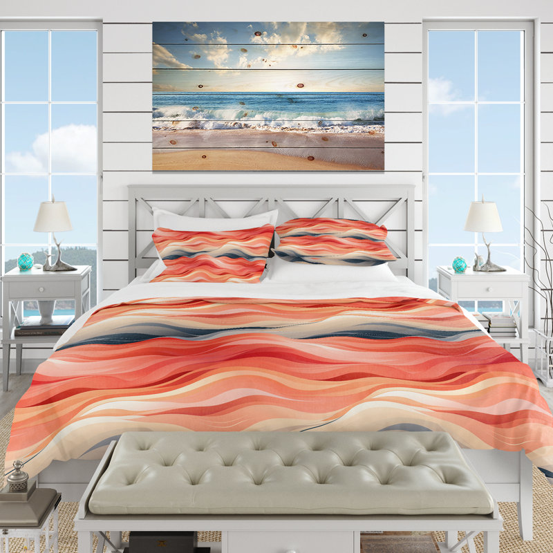 Pink And Coral Wave Horizon - Ensemble de housse de couette bord de mer, Housse de couette simple + 1 taie décorative stan