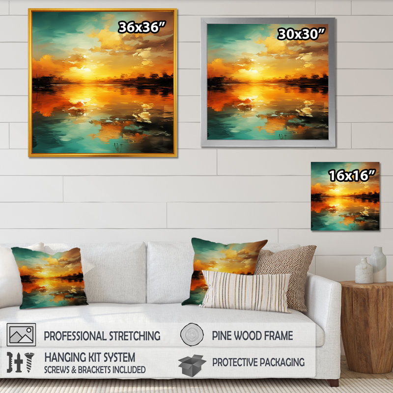 «Golden Beach Horizon - Coastal Sunset», art mural, Cadre flottant brun, H 36 po x l 36 po