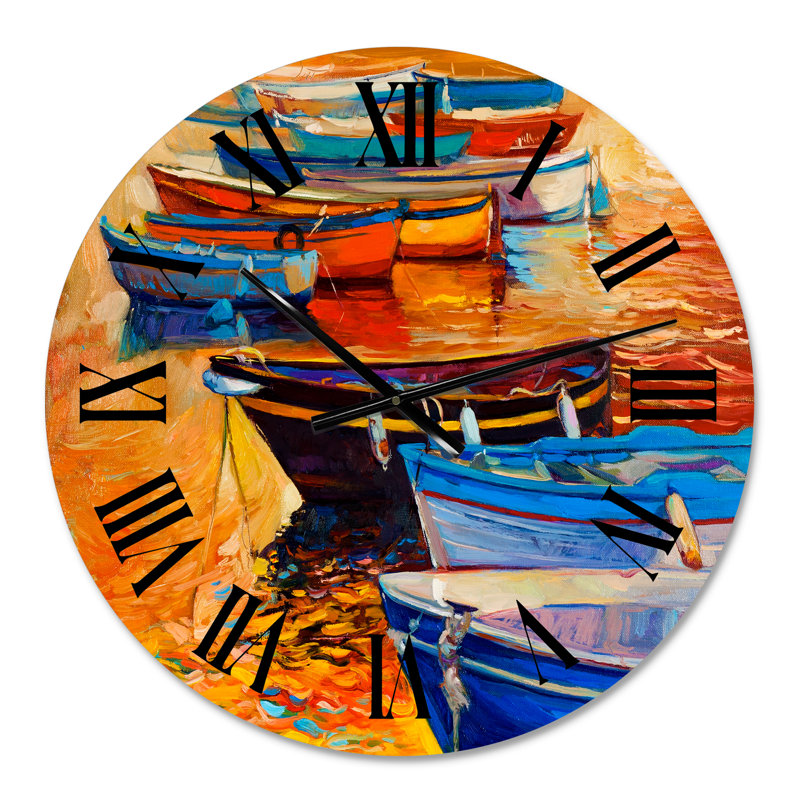 Bateaux dans le port pendant le coucher de soleil chaud I - horloge murale nautique et côtière, Petit