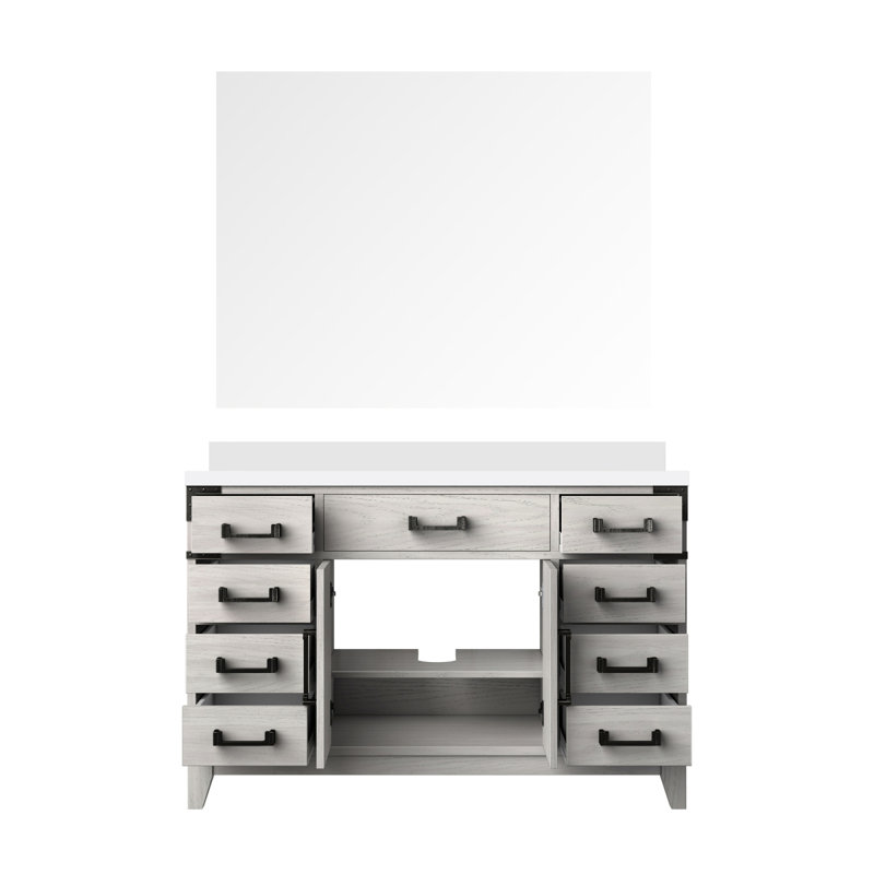 Meuble-lavabo simple en chêne blanc l 48 po x P 22 po, comptoir en quartz blanc et miroir de 46 po