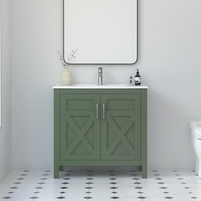 Meuble-lavabo autoportant 36 po Anvay en vert forêt avec plateau en céramique blanche Anvay