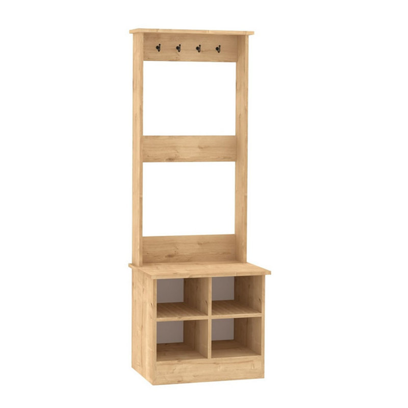 Hall Tree With Shoe Storage And 4 Hooks, Sapphire Oak