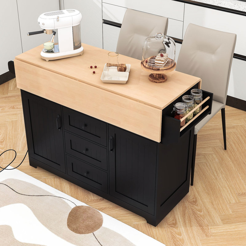 Chike Wooden  Kitchen Island Cart with Built-in Charging Station, Two Drop Leaf and Ample Storage, Black