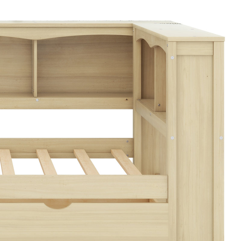 Lit de jour avec deux tiroirs de rangement, armoires de rangement et ports USB, Naturel