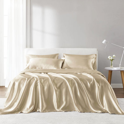 Satin Luxury King Sheet - Wrinkle- Relaxation. Fits Mattresses Up To 16". Includes 1 Flat Sheet, Fitted 4 Pillowcases. Silky, Comfortable. . Champagne Size Sheets Opulence. 16" Mattresses. Comprises