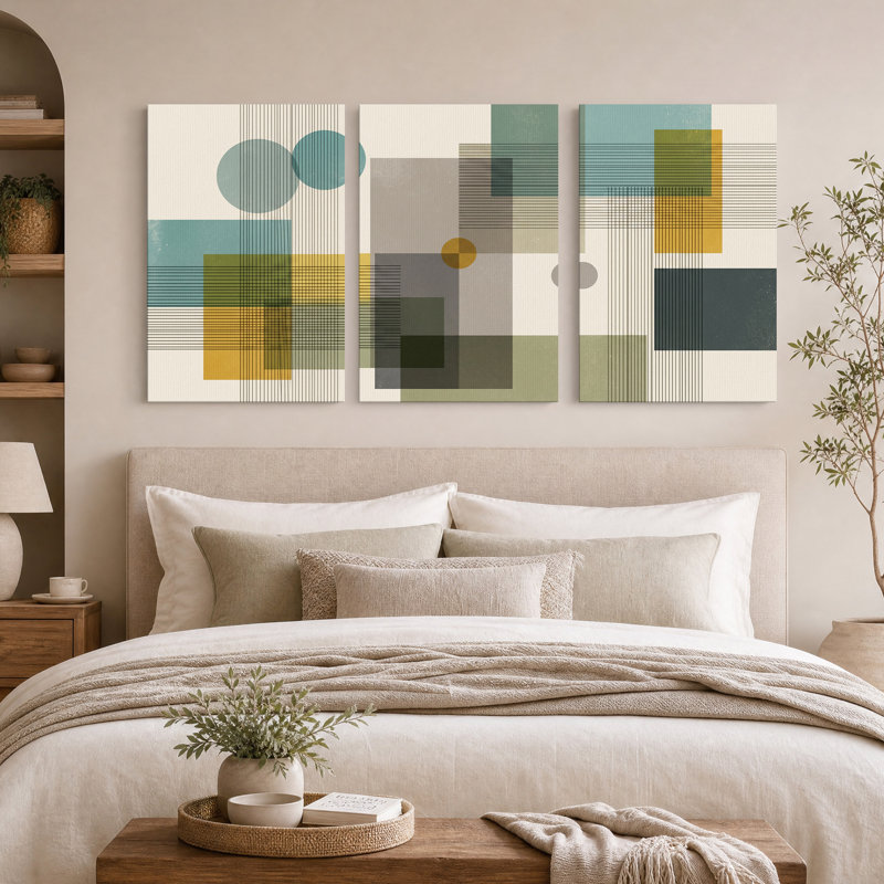 Ensemble de 3 toiles murales géométriques turquoise et moutarde, composées de cercles et de carrés., 36"H x 24"W x 3pcs