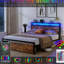 Queen Size Metal Bed With Led Lights, Charging Ports, Spacious Storage, Construction Storage And , Rustic Look, Platform, Noise-