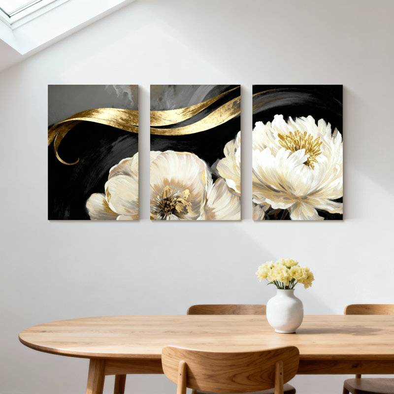 Pivoine Vague dorée fleurs blanches sur fond noir, ensemble de 3 impressions sur toile, H 18 po x l 36 po