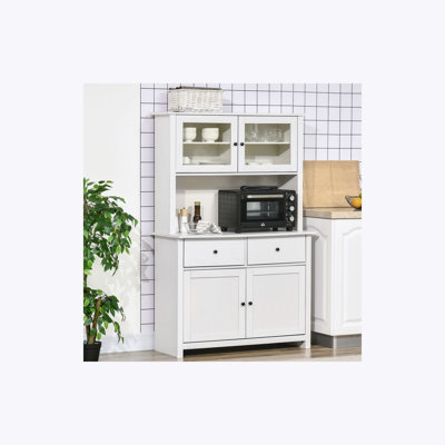 63.5" Kitchen Buffet with Hutch, Pantry Storage Cabinet with 4 Shelves, Drawers, Framed Glass Doors, Open Microwave Countertop, 