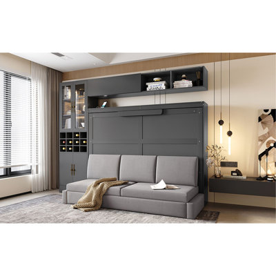 Full Size Murphy Bed Wall Bed with Sofa , Shelves USB & Light ,Gray(OLD SKU:LP000763AAE)