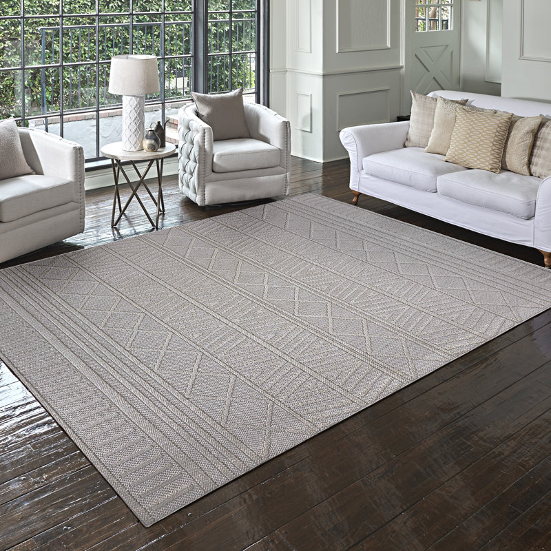 High-Low Loop Pile Indoor Area Rug, Silver Gray Modern Geometric Polyester Rug for Living Room & Bedroom – Nylah Lana