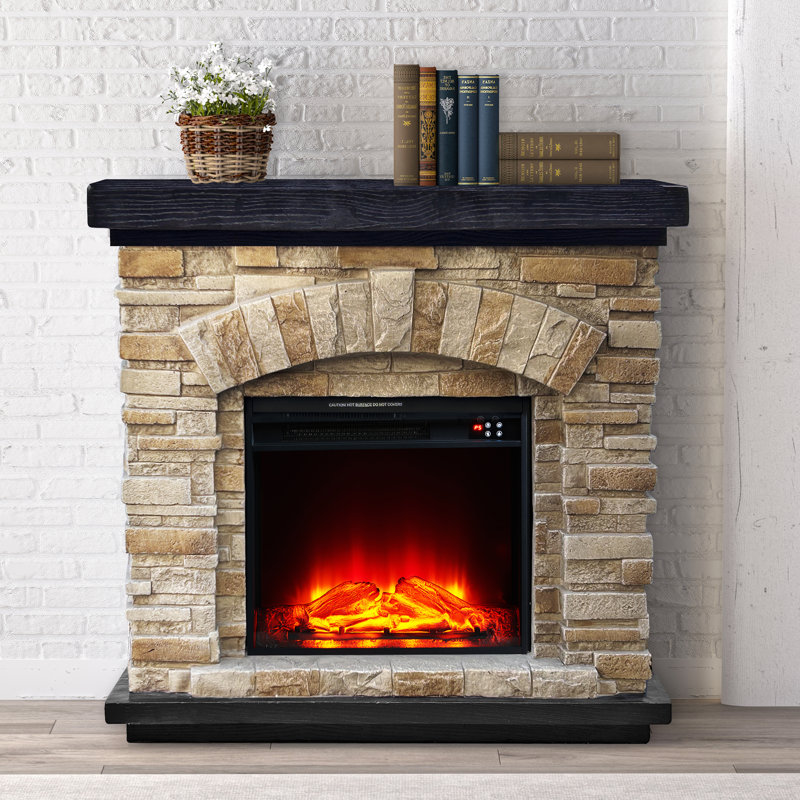 Laspisa 36.02" W Freestanding Electric Fireplace and Mantel Package, Tan Stone/Black