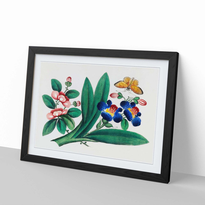 A Butterfly & Flowers - Framed Print, 24cm H x 33cm W x 2cm D, Black Framed