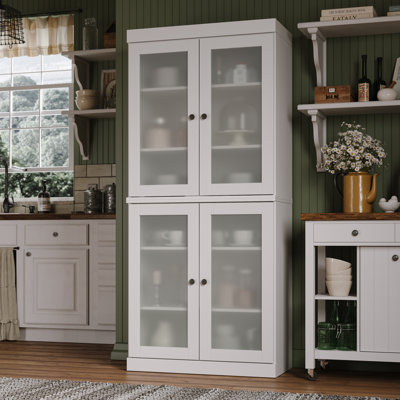 100% Solid Wood 32" Pantry Cabinet with Frosted Glass Doors and Adjustable Shelves by Latitude Run