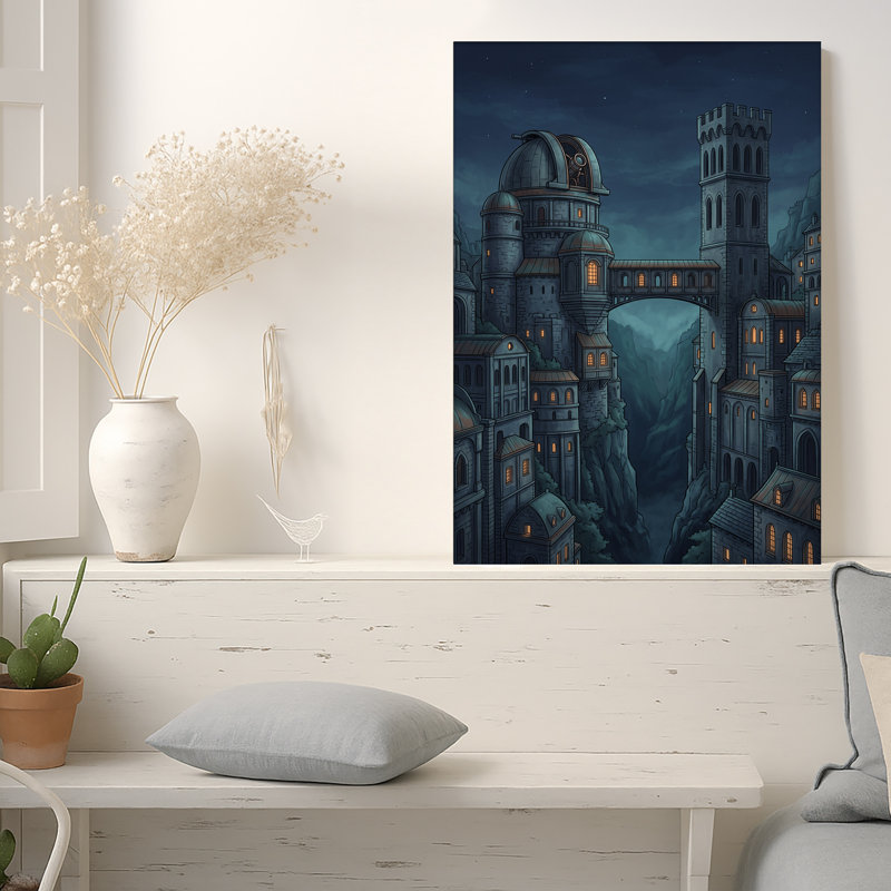 «Blue Fantasy City» avec fenêtres lumineuses et ciel étoilé, art mural sur toile, 24"H x 16"W