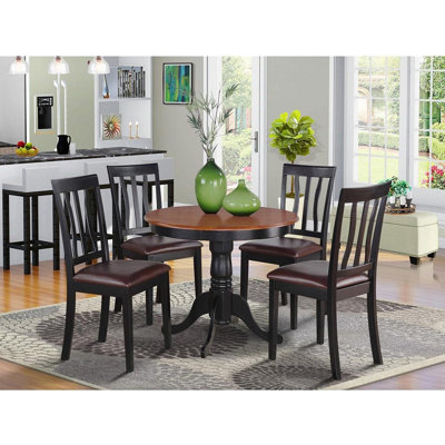 East West Furniture ANTI5-BLK-LC 5 Piece Dining Table Set For 4 Includes A Round Kitchen Table With Pedestal And 4 Faux Leather Upholstered Dinette Chairs, 36X36 Inch, Black & Cherry