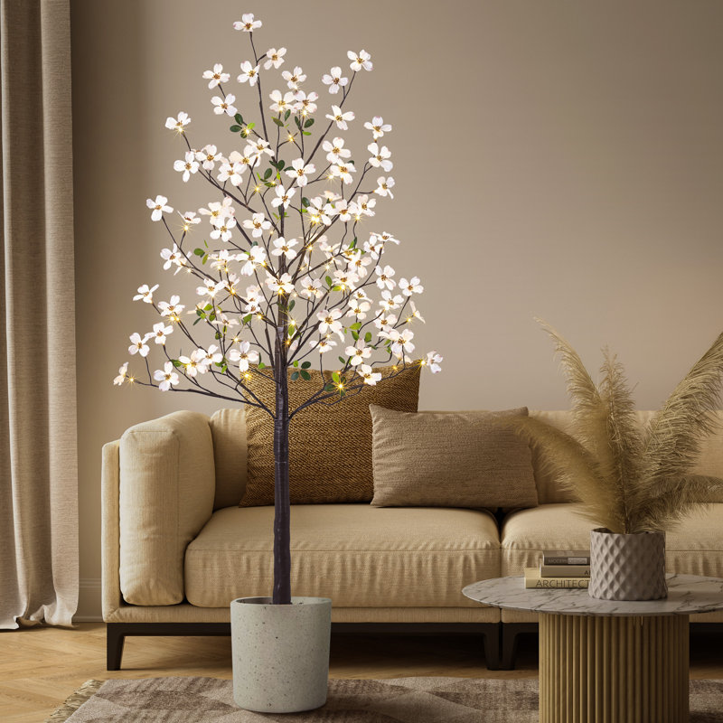 Arbre à fleurs illuminé de 6 pi avec des baies et des lumières blanches chaudes pour le printemps et l'extérieur