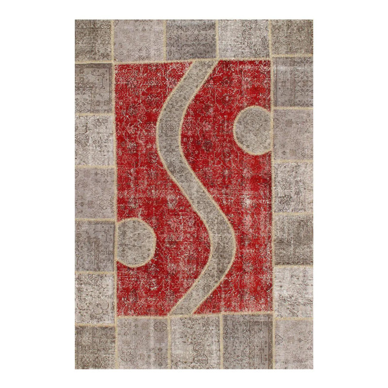 Tapis rouge / gris en coton / laine 6 pi 2 po x 9 pi sans motif et pas de couleur unie
