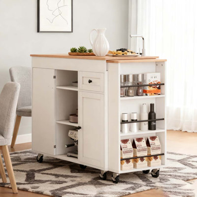 85.5" Kitchen Island with Extendable Dining Table, Kitchen Storage Table with 3 Side Open Shelves, Rolling Kitchen Island with Power Outlet, 3 Drawers by Red Barrel Studio