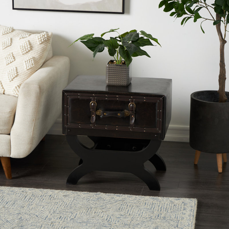 Vintage Black Faux Leather End Table with Single Drawer