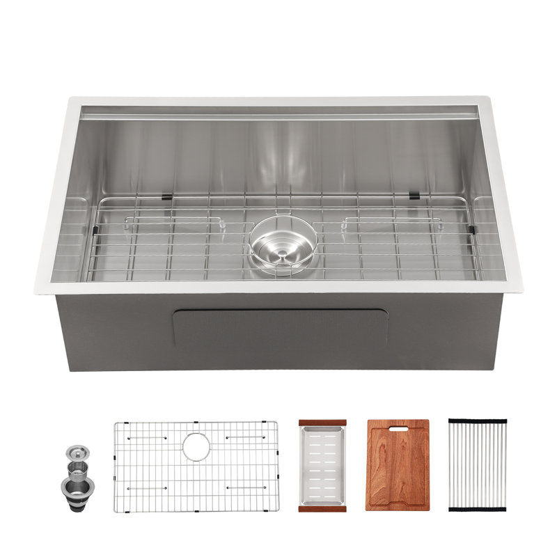 Single Bowl Stainless Steel Kitchen Sink, Brushed, 18, 9" H x 17" W x 15" L