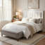 Grand lit Cyna, tête de lit capitonnée en chenille et éclairage DEL, blanc