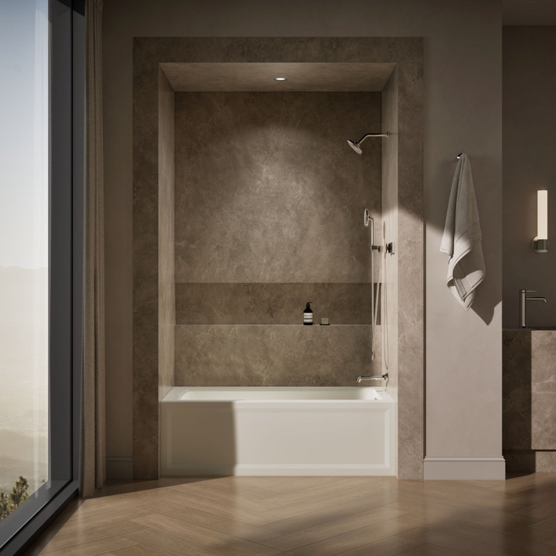 Archer Alcove Bath with Bask Heated Surface, Integral Apron, Tile Flange, Dune, Right