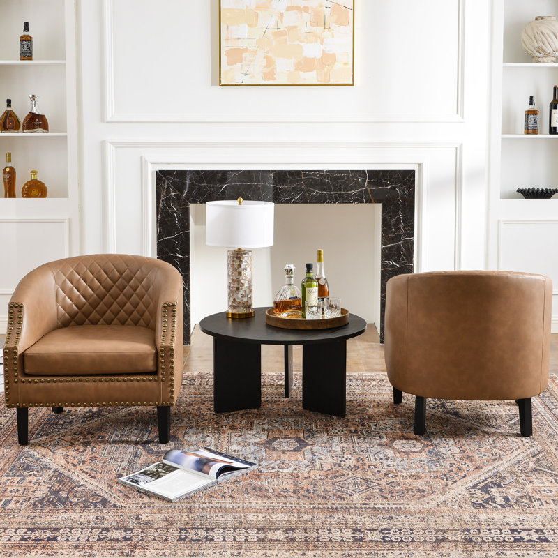 29 " Wide Tufted Faux Leather Small Barrel Bar Club Chair Set Of 2, Camel