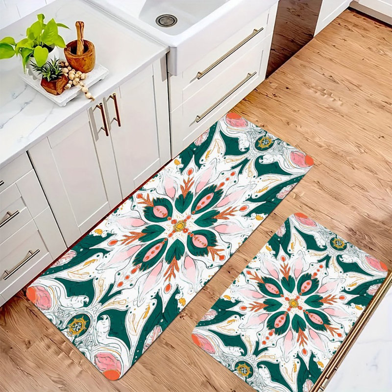 Tapis de cuisine symétrique à motif floral antidérapant 2 pièces