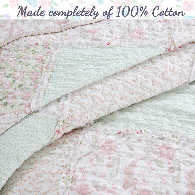 Twin Pink Cotton Floral Patchwork Reversible Quilt Set