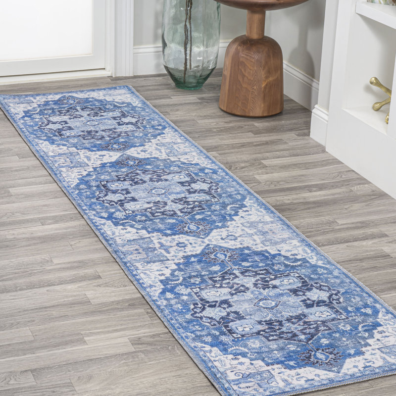 Abhirami Ornate Medallion Machine-Washable Blue/Navy Rug, Runner 2' x 8'