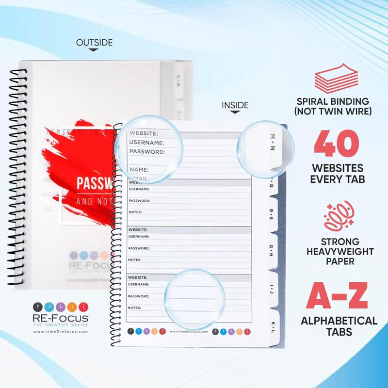 Large Password Keeper Notebook, Left-handed Blue