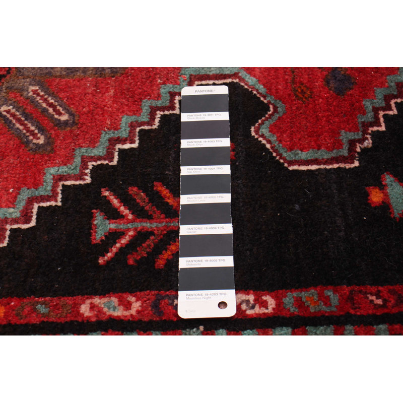 Tapis de couloir unique en laine noué à la main de style années 2000 3 pi 7 po x 9 pi 10 po en rouge / bleu marine / beige Amareli