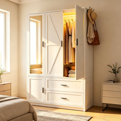 3 Doors Wooden Wardrobe Closet Armoire, White Storage Cabinet Withe Mirror and Led Lights, Bedroom Large Capacity Freestanding Armoire for Hanging Clothes