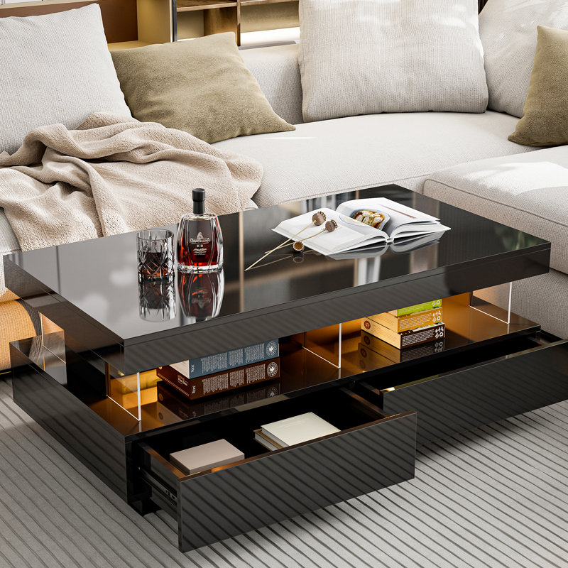 Modern High Gloss Coffee Table with 16 Colors LED Lights and 2 Drawers, Acrylic Open Space, for Living Room, Black, White