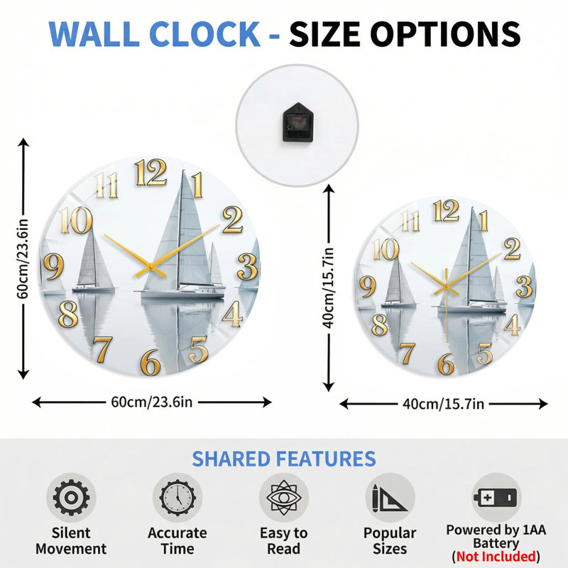 Horloge murale voilier en verre, 60 x 60 cm (23,6 x 23,6 pouces)