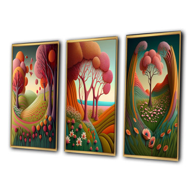 «Serene Magical Pink Trees In Flowerfields», 3 pièces sur toile