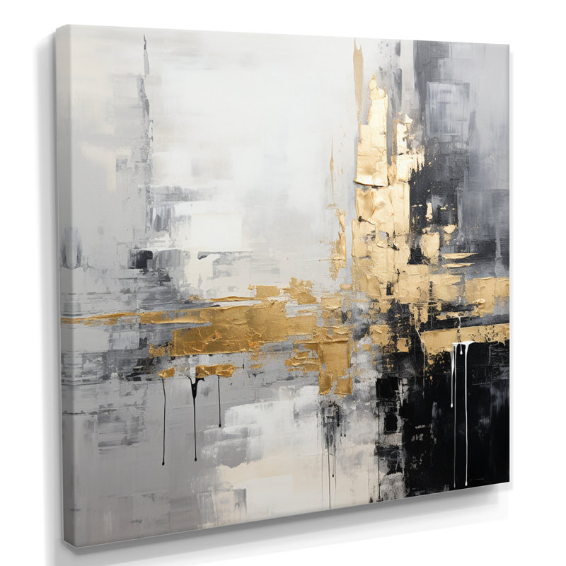 Or, ville dorée, blanc, gris, noir, peinture abstraite, art mural sur toile, 44" H x 44" W, Toile tendue
