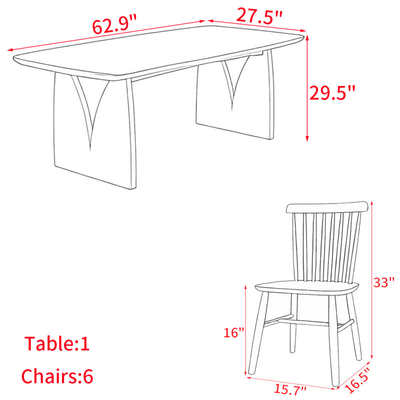Ensemble de table de salle à manger rectangulaire moderne en bois massif, H 29,5 po x L 62,9 po x l 27,5 po