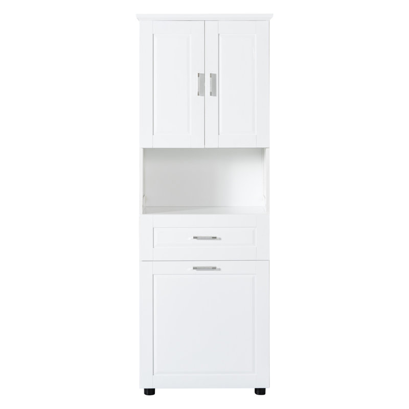 Grande armoire de salle de bain - blanche, avec panier à linge et rangement spacieux