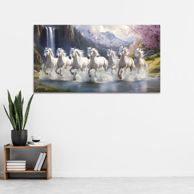 Art mural cheval GUTTATY, 7 chevaux qui courent, peinture Vastu avec cadre, décor mural de photos de cheval pour le salon, 7 chevaux qui courent, grand cheval, affiche d'art encadrée pour chambre à coucher ou bureau, impression murale de chevaux rétro 30 x 60 pouces